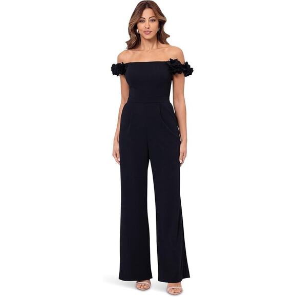 XSCAPE Women's Black Long Scuba Crepe One Shoulder Jumpsuit Size 4 NWT - Picture 1 of 9